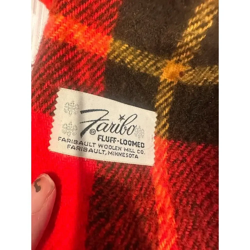 Vintage Faribo Fluff Loomed Wool Blanket Orange Plaid Throw 52‎ x 56 Fringe USA
